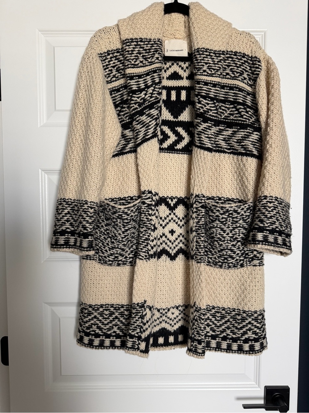 Lucky Brand Cream and Black Fair Isle Open-Front Cardigan